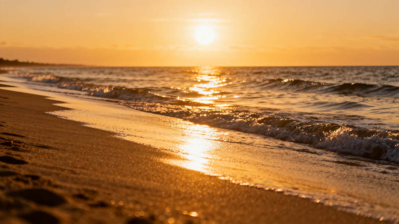 夕阳金浪吻沙滩图片