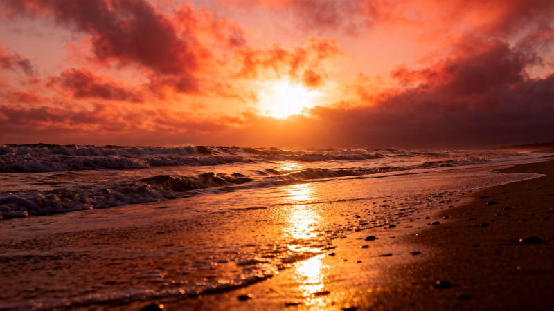 夕阳染海 金浪吻沙岸图片