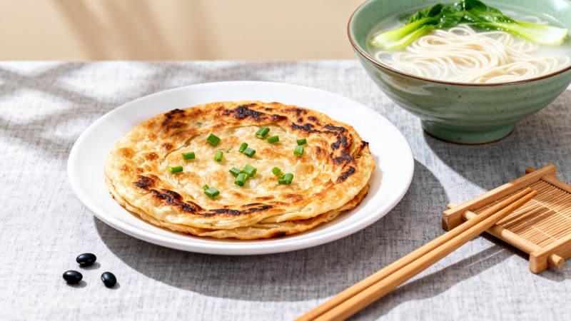 葱油饼配青菜面 家常美味图片