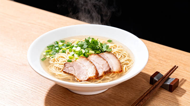 热气腾腾的拉面碗配叉烧图片