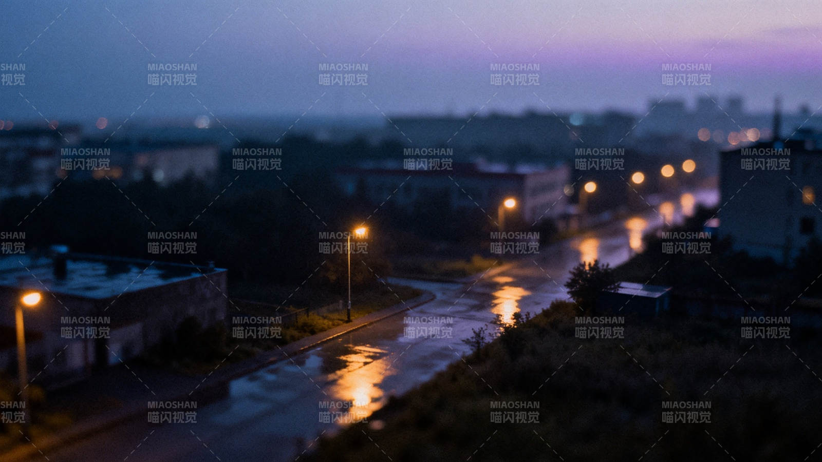 雨夜街灯映湿路图片