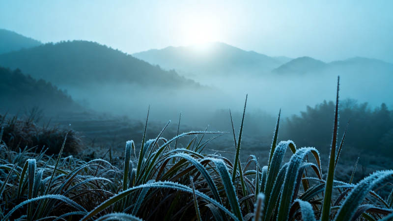 霜草迎晨雾 山峦隐曦光图片