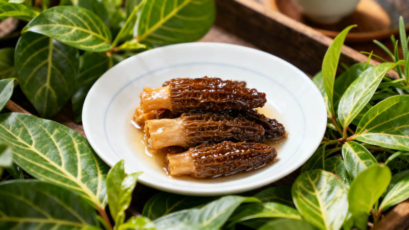 绿叶环绕的羊肚菌佳肴图片