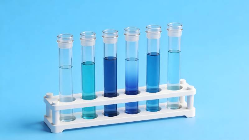 试管架上的蓝色液体实验图片