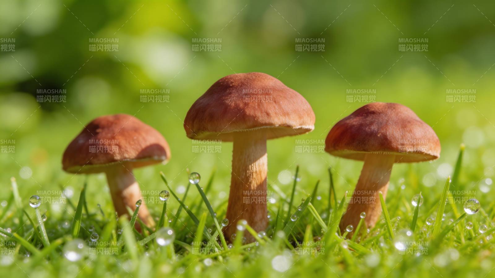 晨露中的三朵小蘑菇图片
