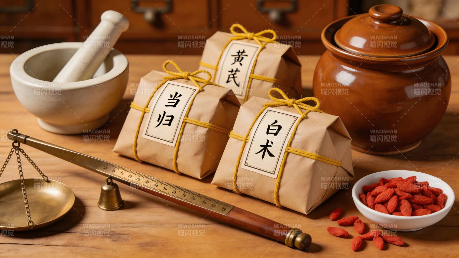 中药包与药具静物图图片