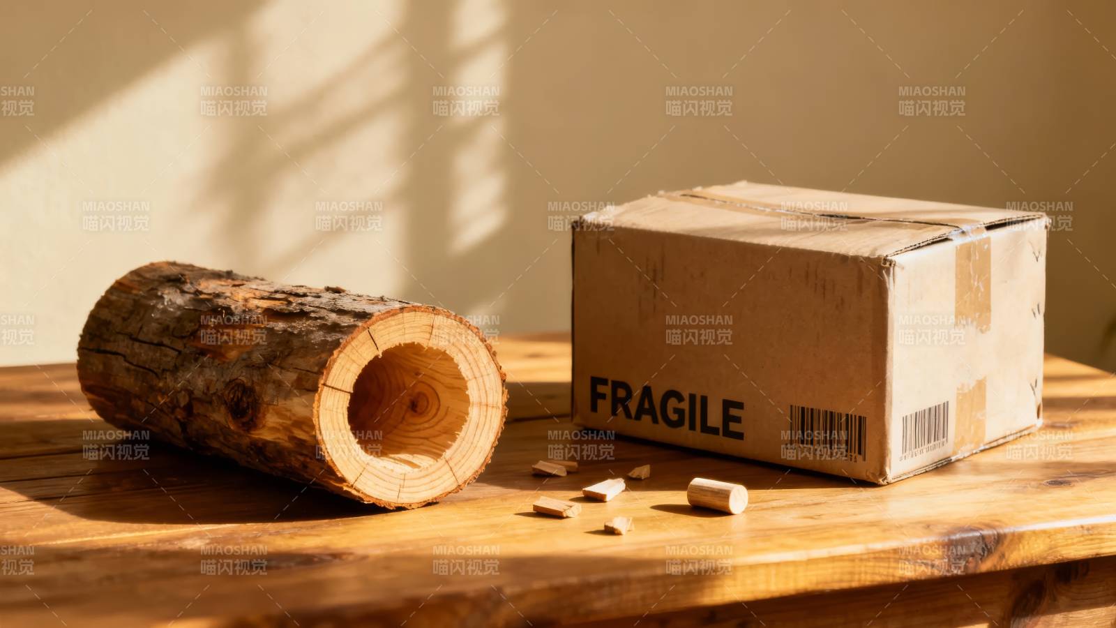 木段与 fragile 纸箱静置桌上图片