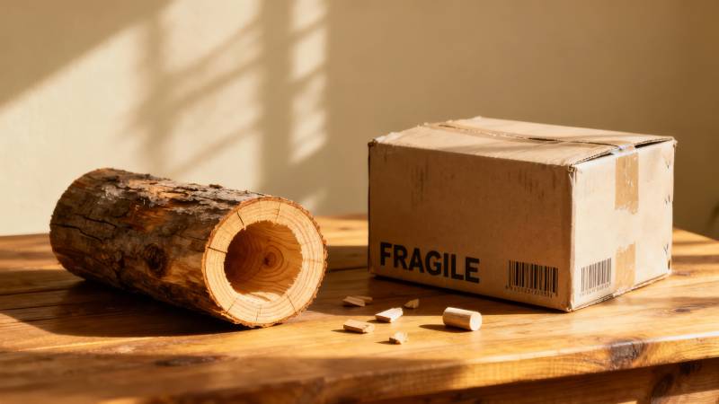 木段与 fragile 纸箱静置桌上图片
