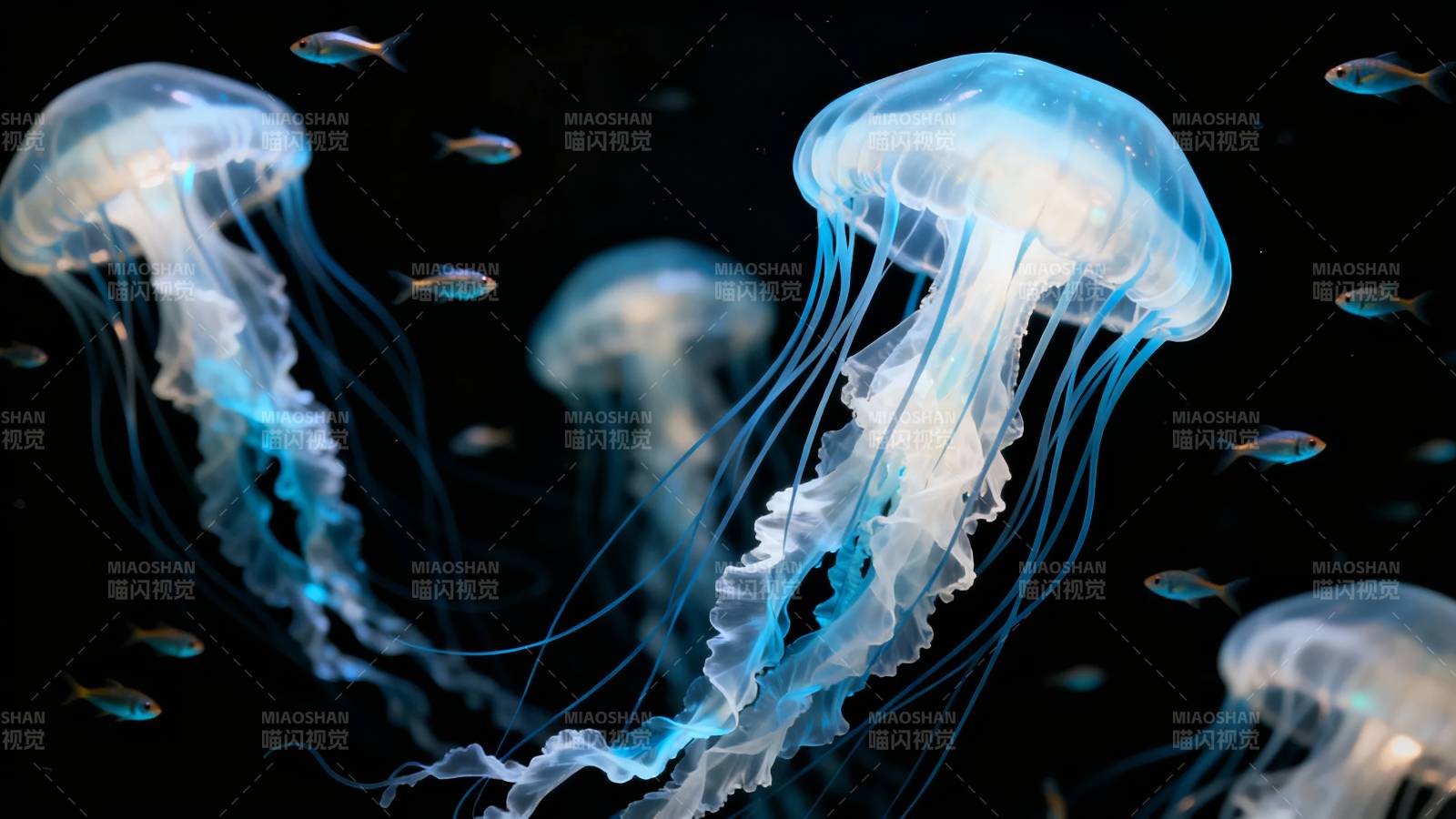 深海蓝水母群游图图片