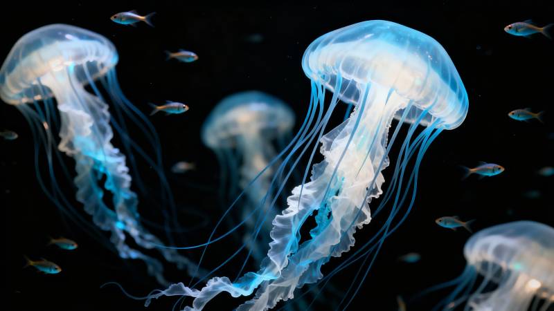 深海蓝水母群游图图片