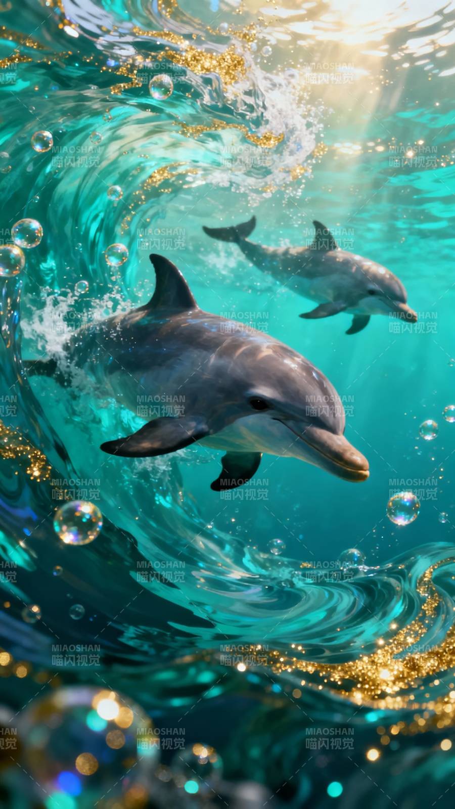 海豚跃浪 金光闪烁图片