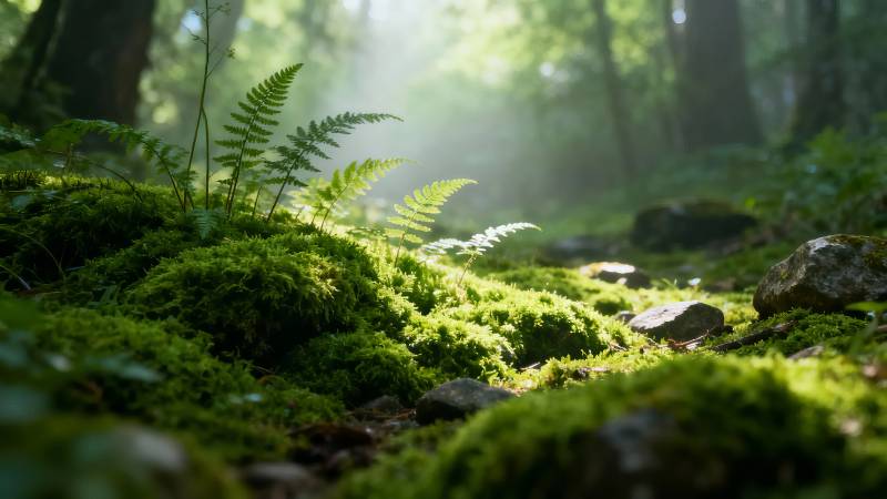 林间苔藓蕨影 晨光静谧图片