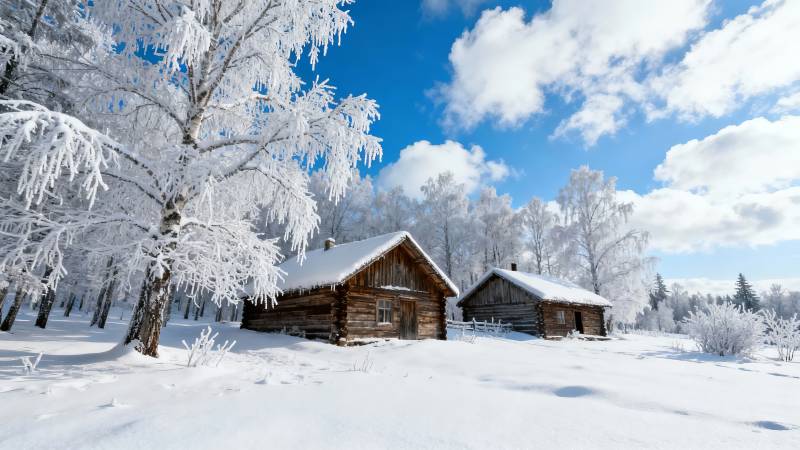 雪覆木屋 冬日仙境图片