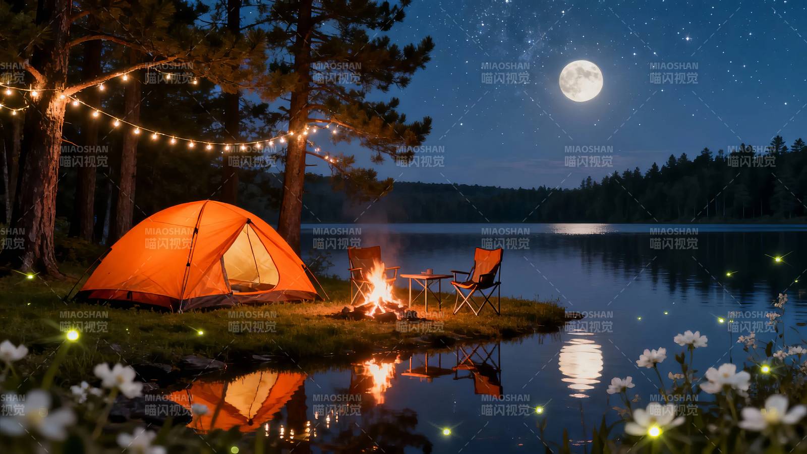 月夜湖畔露营 篝火映星辉图片
