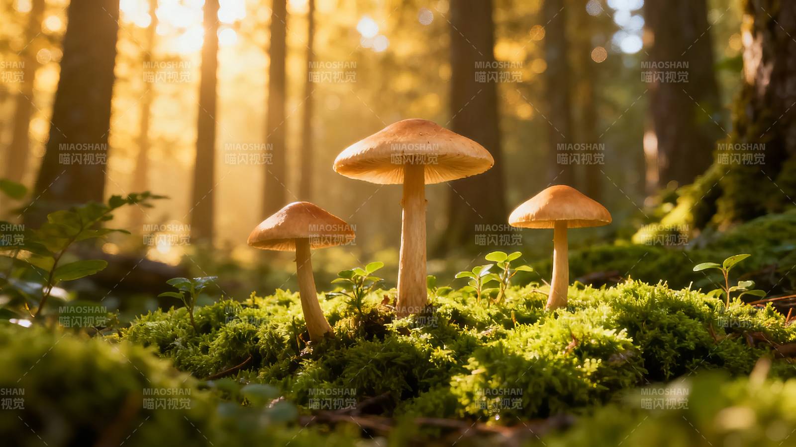 林间三菇 晨光温柔照图片