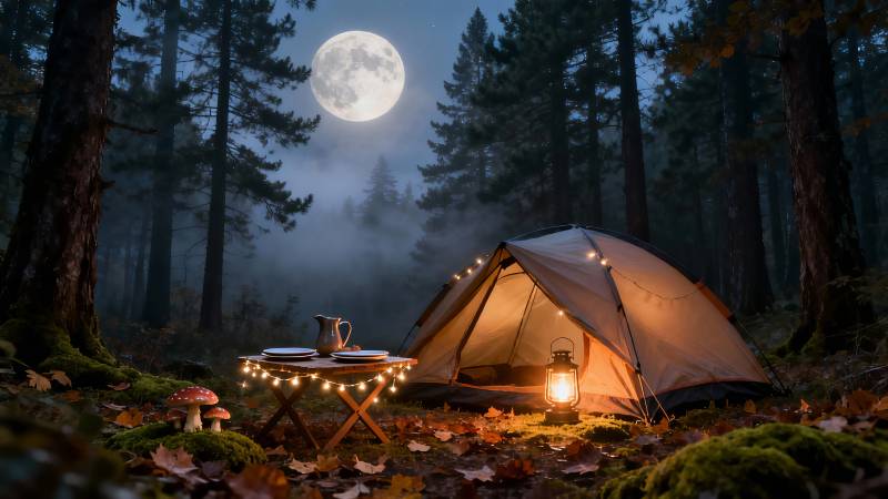 月夜森林露营 暖灯伴秋叶图片