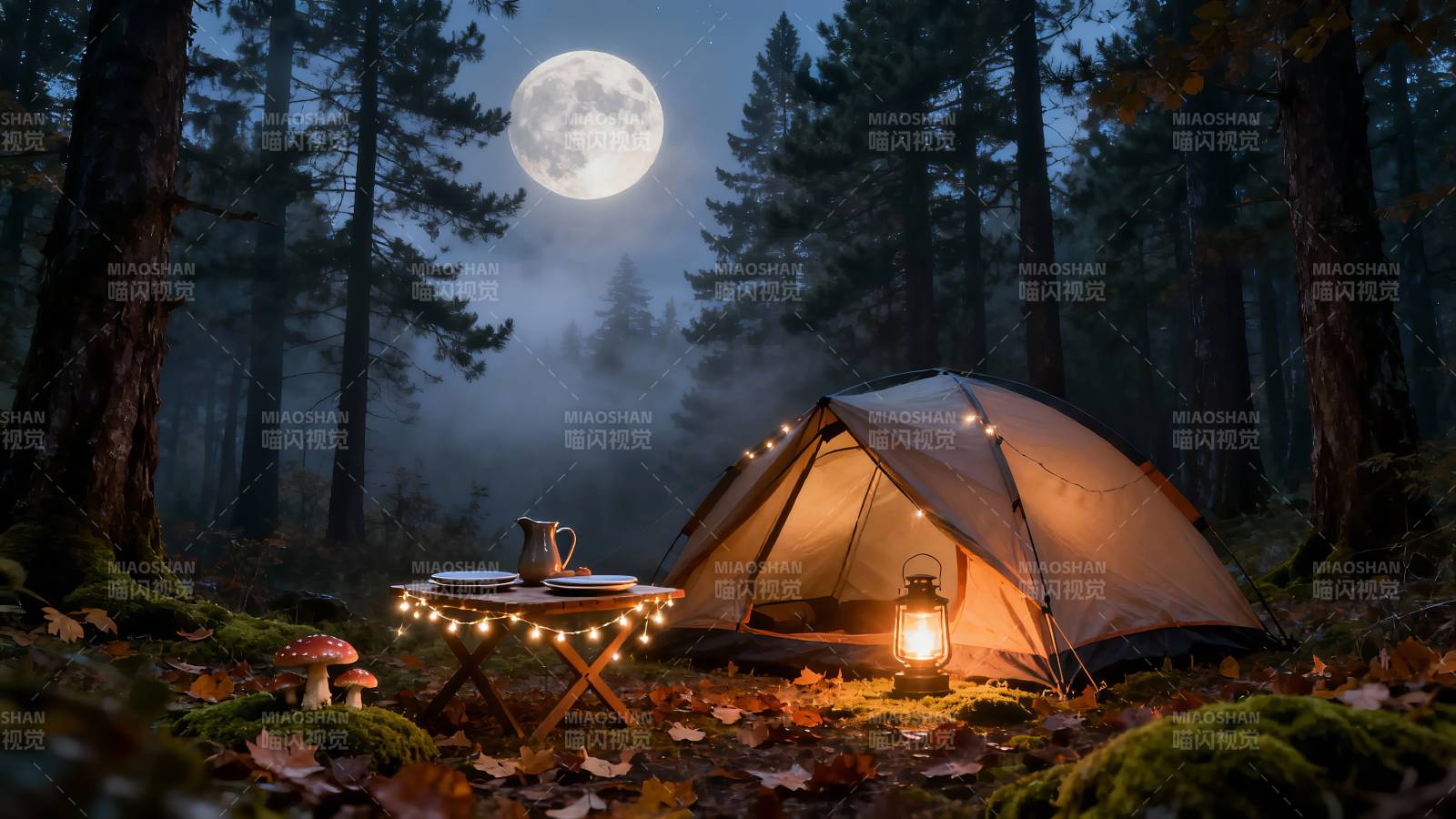 月夜森林露营 暖灯伴秋叶图片