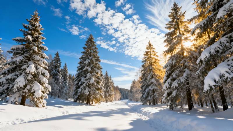 雪松林间 阳光洒落冬景美图片