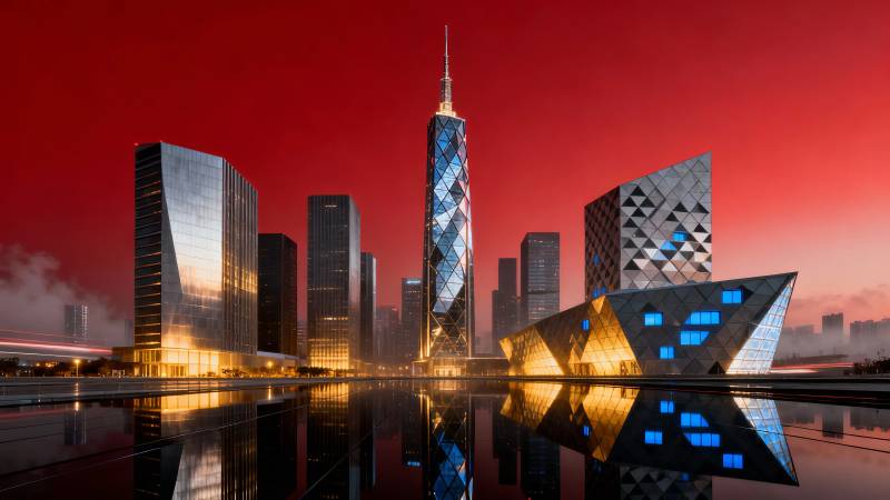 红霞映城 现代建筑群倒影如画图片