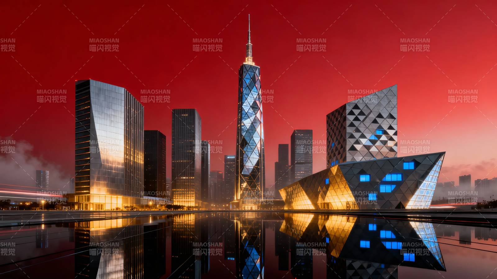 红霞映城 现代建筑群倒影如画图片