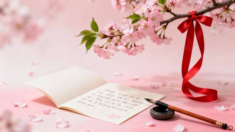 樱花笺 红丝带书情图片