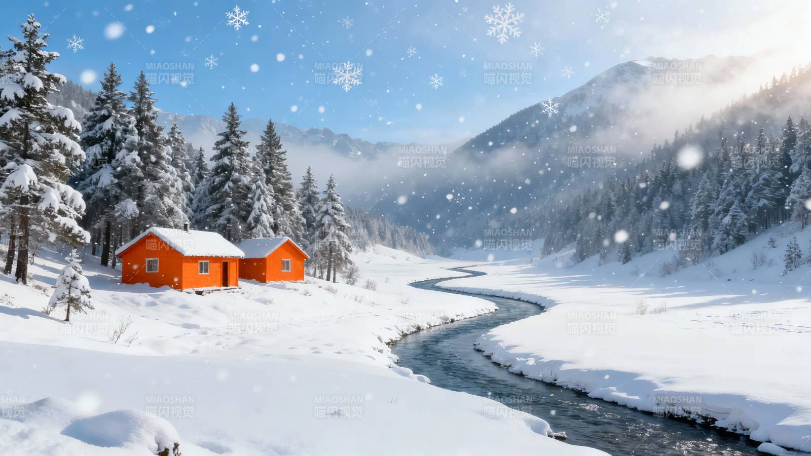 雪中小屋 溪流蜿蜒穿林间图片