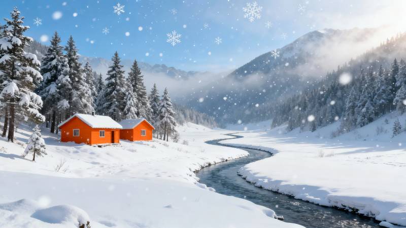 雪中小屋 溪流蜿蜒穿林间图片