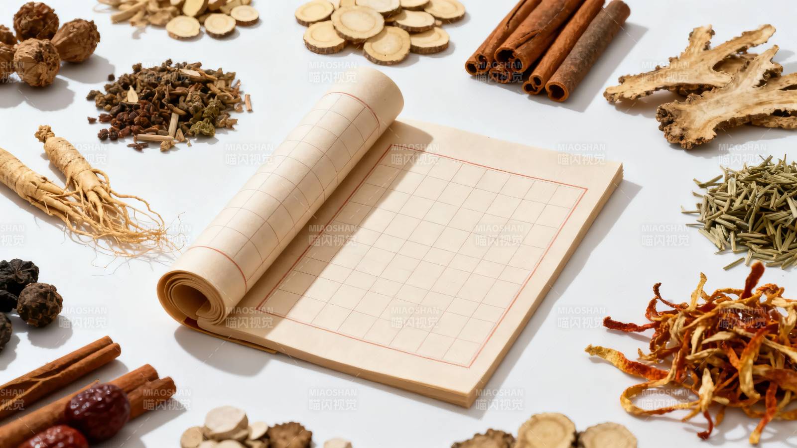 中药药材与古方卷轴图片