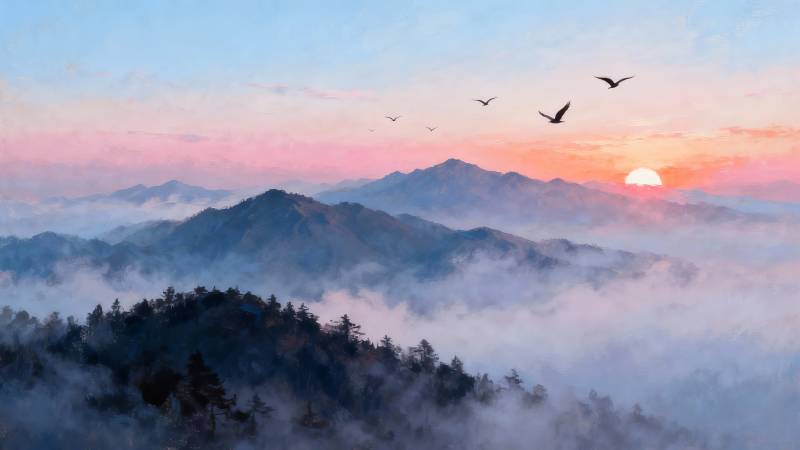 云海日出 飞鸟掠山峦图片