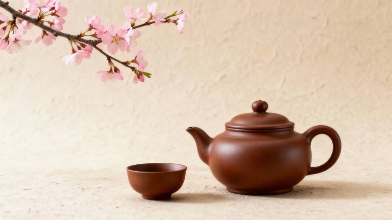 樱下紫砂茶韵图片