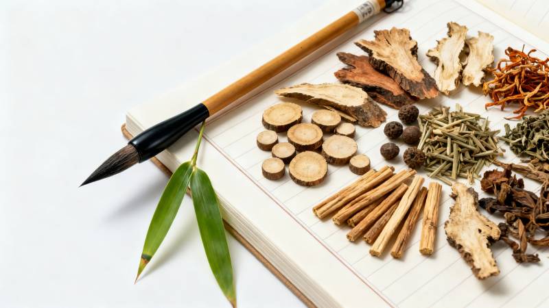 中药药材与毛笔竹叶图图片