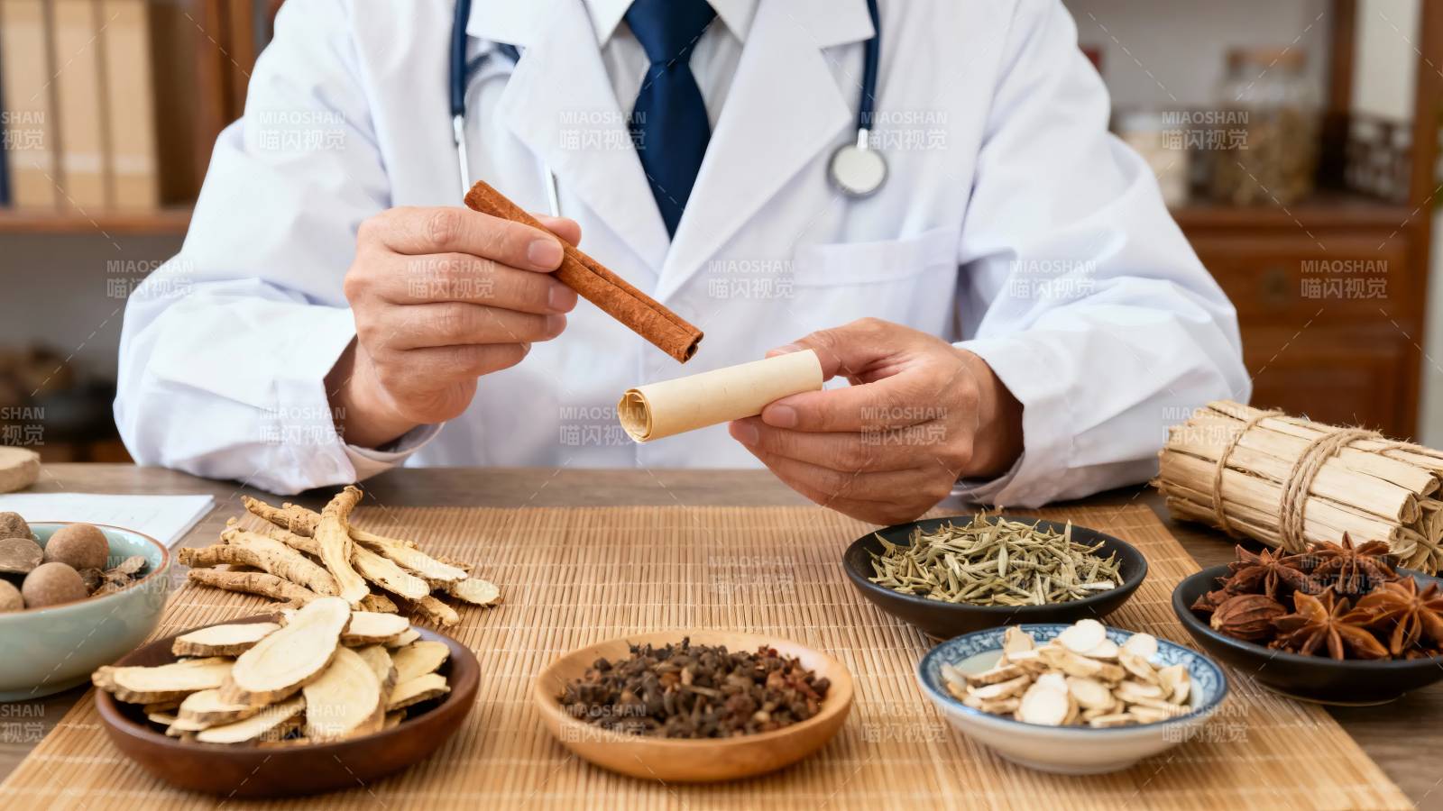 中医辨药 手持桂皮与药材图片