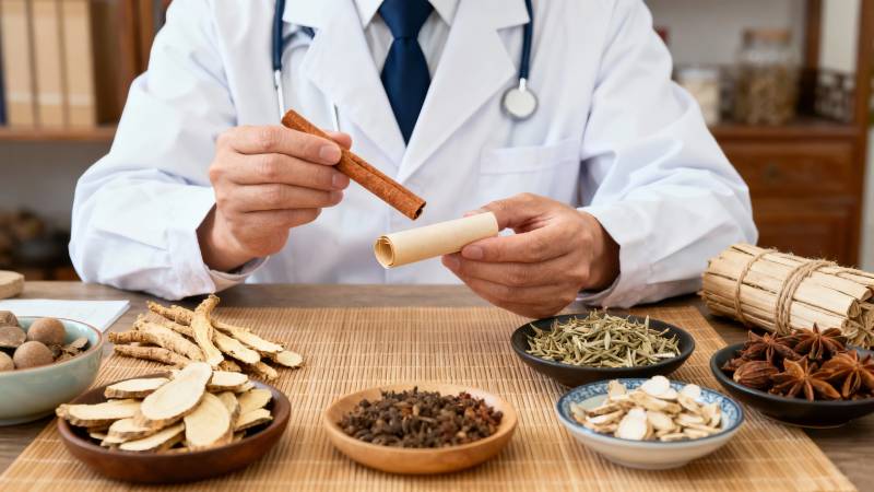 中医辨药 手持桂皮与药材图片