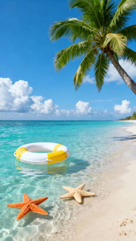 热带海滩 海星与救生圈图片