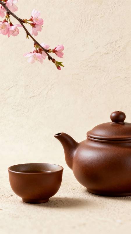 樱枝伴紫砂 茶香静时光图片