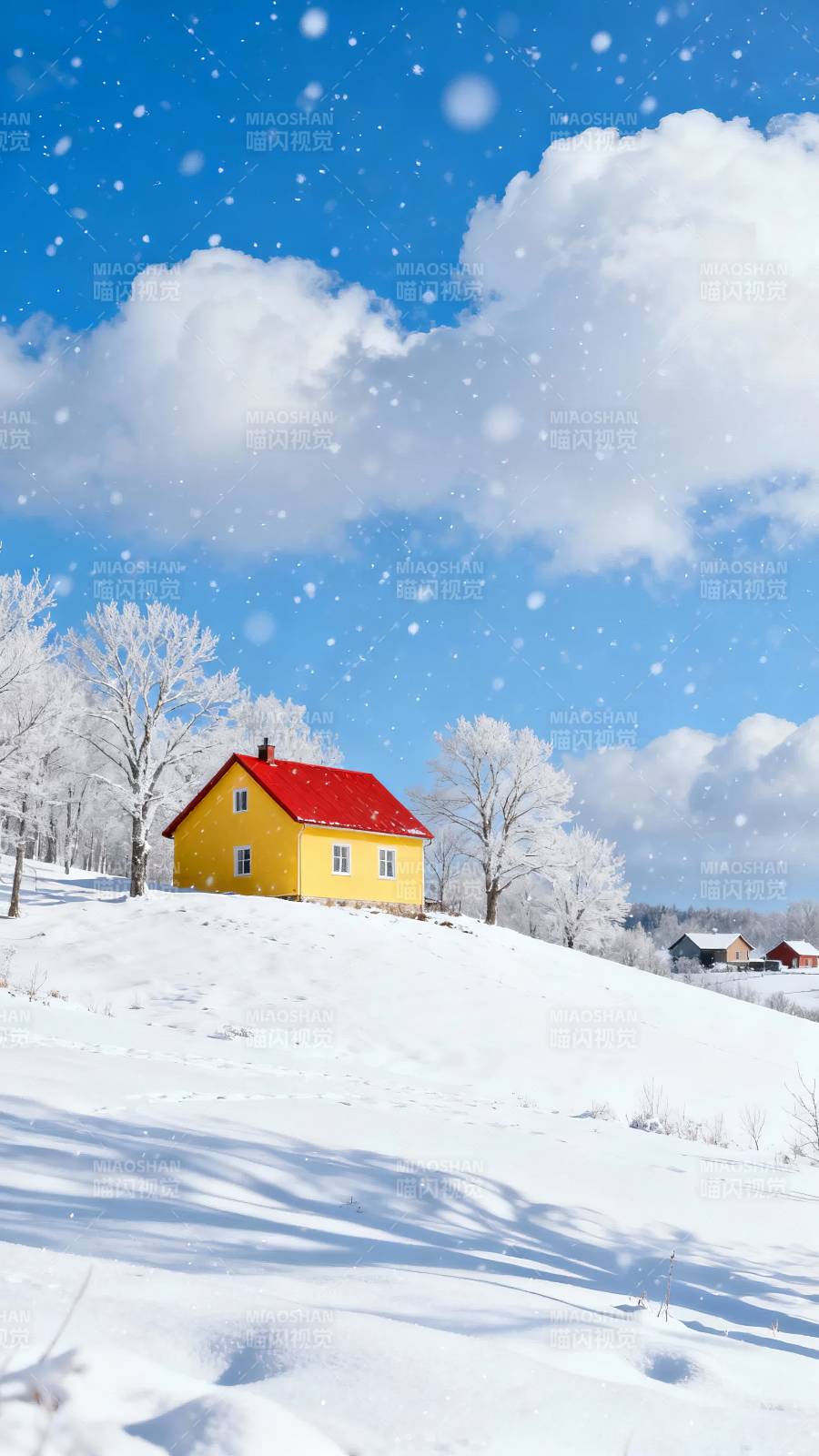 雪落黄屋 冬日童话景图片