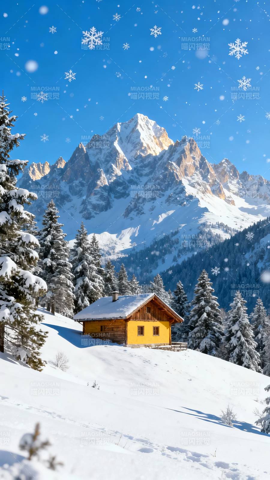 雪落山间 黄屋静立图片