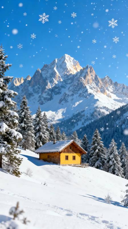 雪落山间 黄屋静立图片