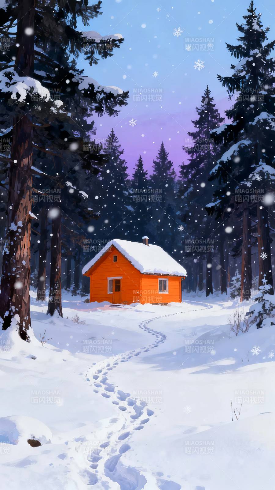 雪夜林间橙屋小径图片