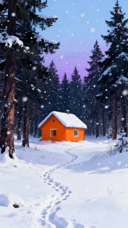 雪夜林间橙屋小径图片