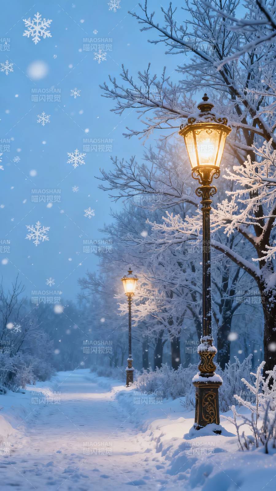 雪夜灯影 静谧冬径图片