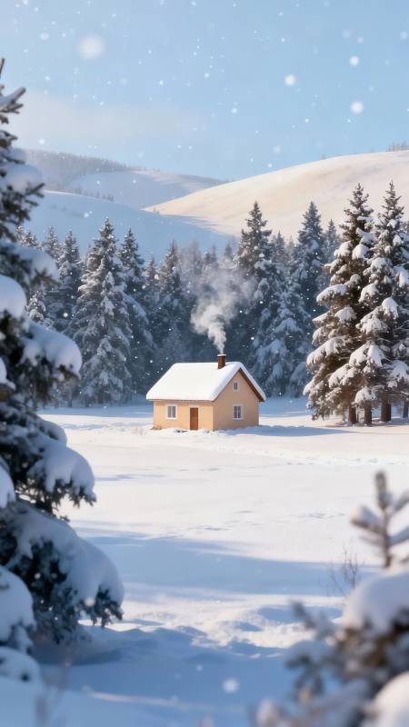 雪中小屋 炊烟袅袅暖冬景图片