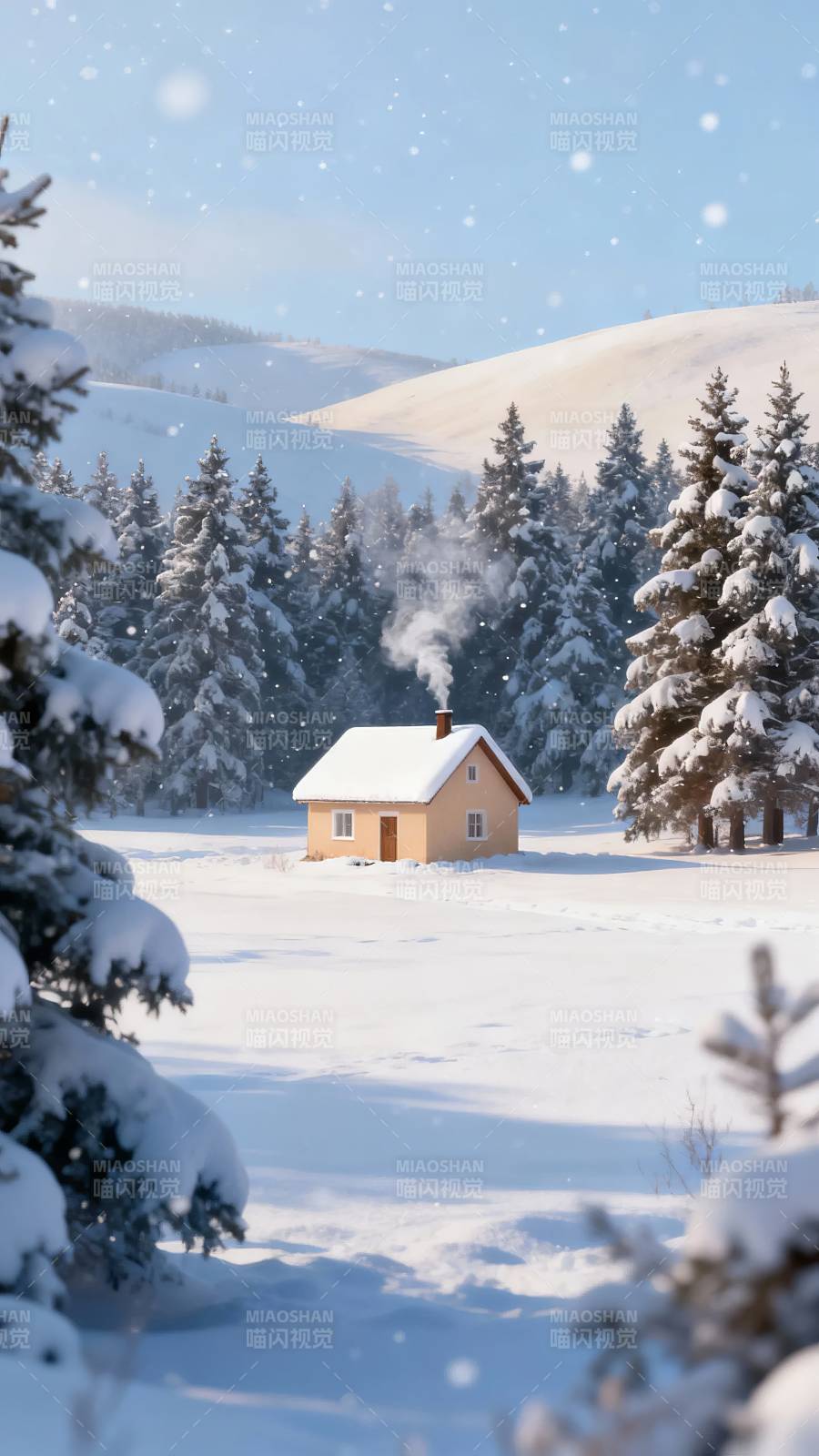 雪中小屋 炊烟袅袅暖冬景图片