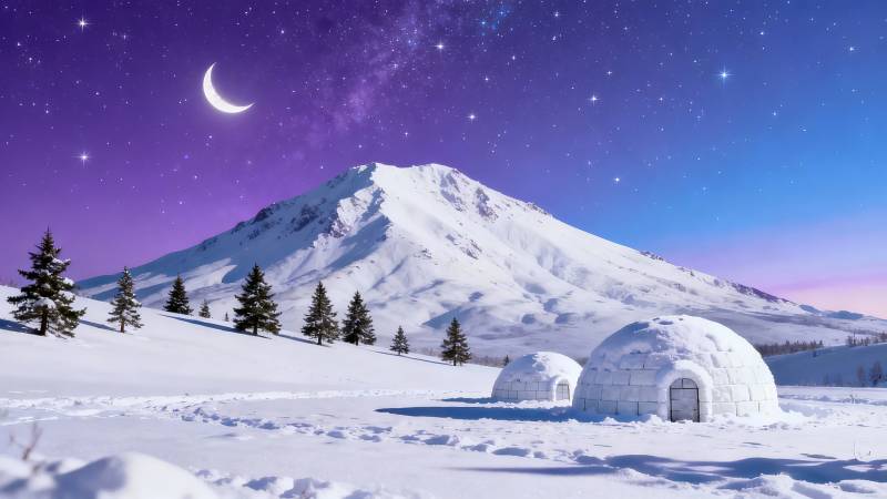 雪夜冰屋伴星月图片