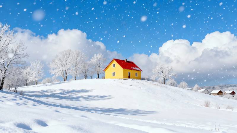 雪中小黄屋 冬日童话景图片
