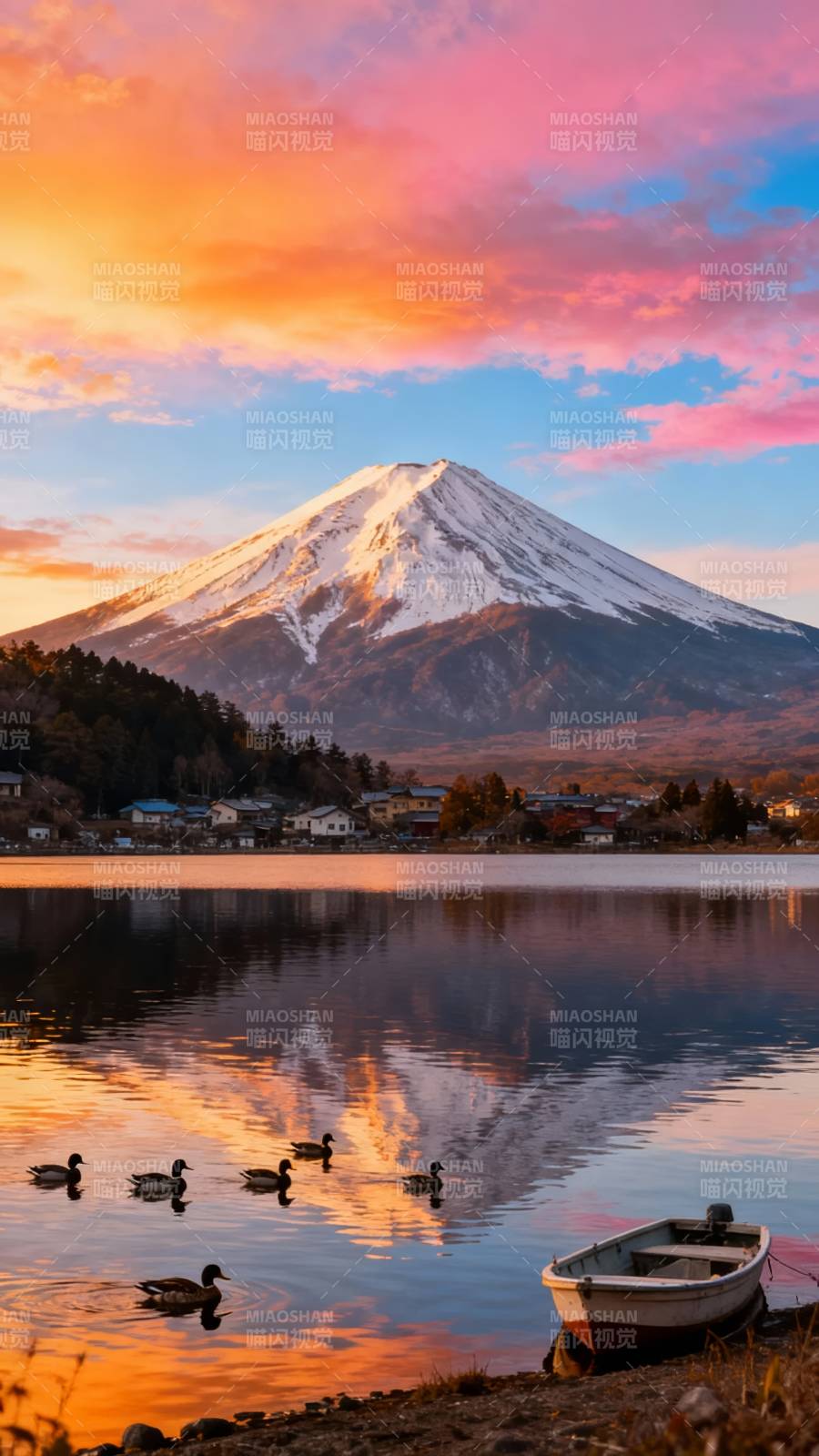 富士山夕照 湖光鸭影舟静图片