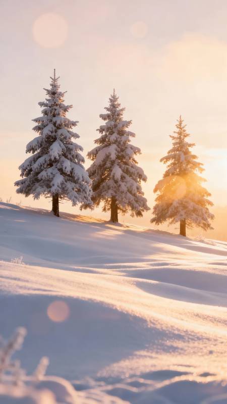 雪松映夕照 静美冬景图图片