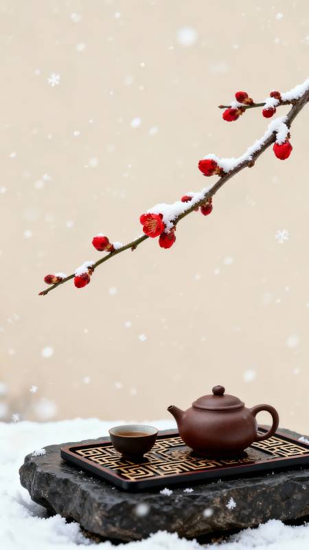 雪落梅枝 茶暖人心图片