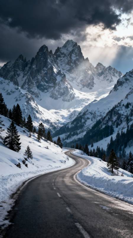 雪路蜿蜒 山巅破云而出图片