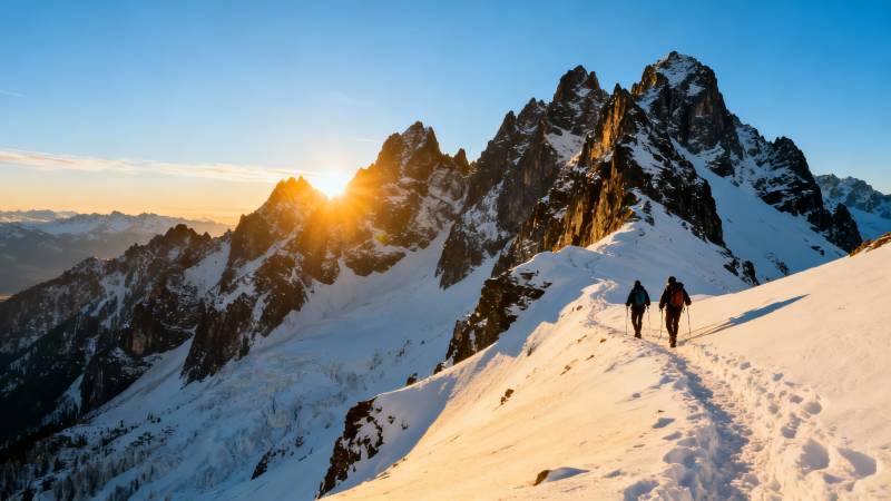 雪山日出 两人徒步巅峰图片